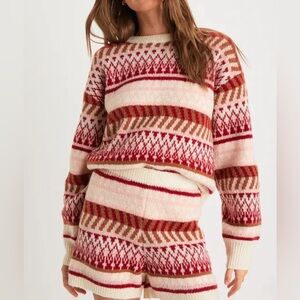 Lulu’s Toasty Moment Cream Multi Fair Isle Knit Sweater Shorts Size M